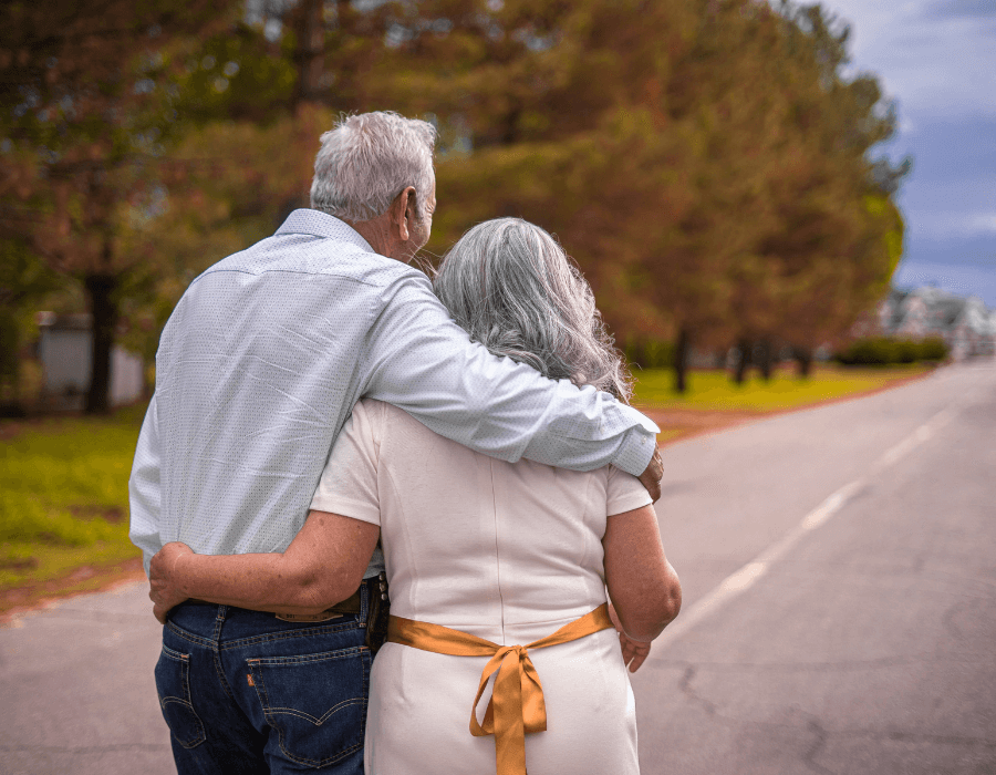 elderly couple looking into distance