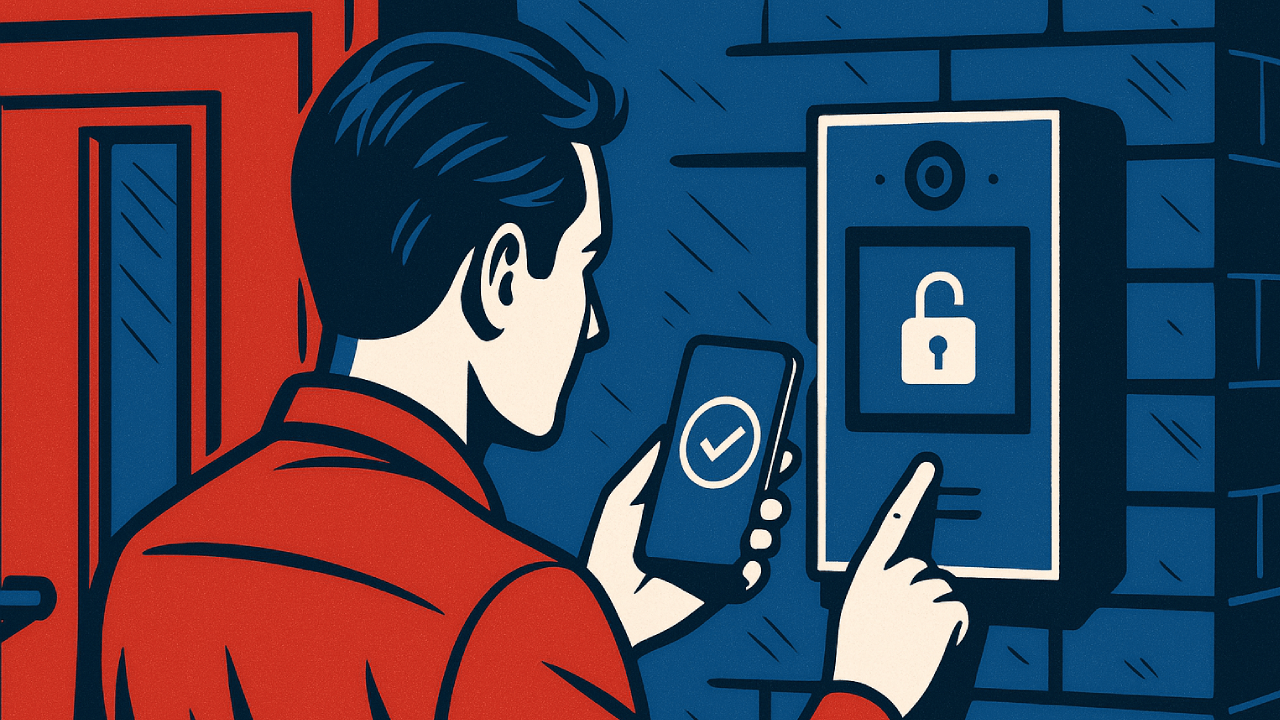 man pressing access control system